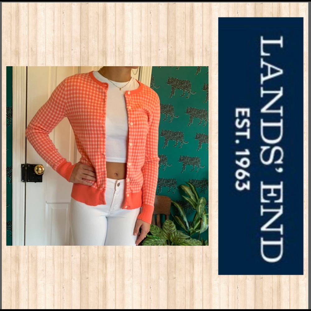 Land’s End Coral Gingham Cardigan